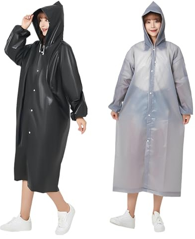 Chubasquero de 2 piezas, impermeable para adultos, poncho con capucha, equipo al aire libre, unisex, reutilizable, ligero, adecuado para camping y senderismo, Negro, 20-30