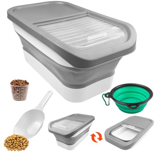 Frevoitna 3 piezas Contenedor de Comida Plegable Gris, Caja de Comida para Mascotas Resistente a la Humedad con Pala, Recipiente de Almacenamiento Bien Sellable Puede para Comida para Guardar Granos