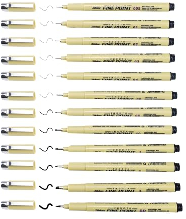 Quxvena Micron Fineliner Stifte,12 Stück Fineliner Set Schwarz mit 12 Verschiedene Linienbreiten,Filzstiften für Künstler,Wasserfest Tuschestift zum Illustrationen,Skizzieren