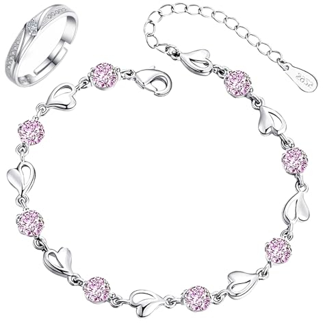 Armband Silber 925 Damen, Armband Damen Silber 925 Armband Damen 925 Liebesherz Armband, Armband Silber 925 Verstellbares mit 1 Ring für Damen, Armkette Damen Silber 925 für Frauen und Mädchen（Rosa）
