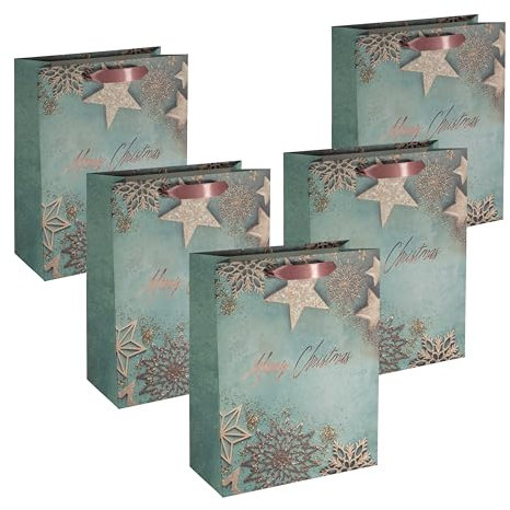 Sigel GT113/5 große Premium Geschenktüten aus Papier, 5er Set, blau/kupfer, mit Seidenbandgriffen, 26 x 33 x 12 cm, Gl. Christmas, Papier-Geschenktaschen Weihnachten