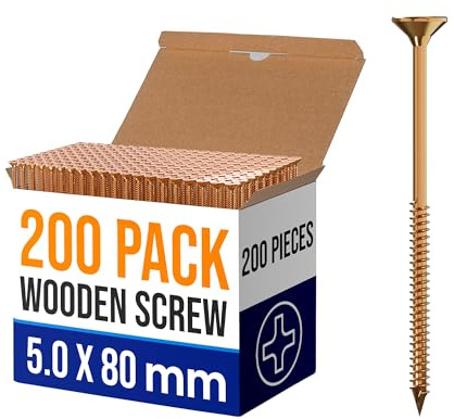 DC VOLTAGE 200pcs Self-Tapping Wood Screws, Flat Head Wood Screws Kit, M5 Thread Screws,Finish with Yellow Passivated Plated, Flat Self-Tapping Set (5.0 x 80mm)