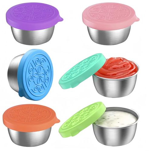 VINEST 6 Stück Dressing Behälter mit Silikondeckel, 50ml Edelstahl Salatdressing Behälter, Kleine Dosen Bento Box Zubehör Auslaufsichere, Camping Mini Dosen mit Deckel, Snackbox für Kinder