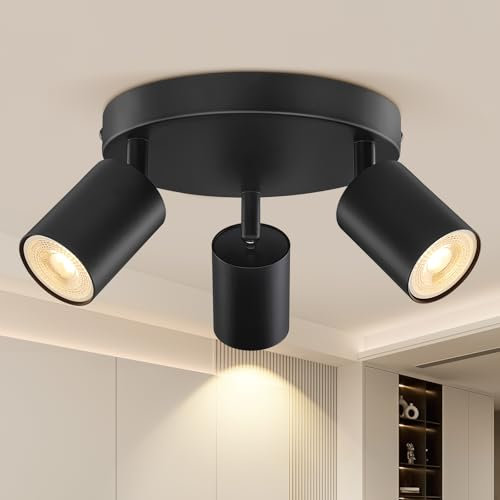 3 Way Spotlight Ceiling Lights Adjustable, Matt Black Round Spot Lights GU10 Industrial Spotlights Fitting Rotatable, GU10 LED Ceiling Light, Ceiling Spotlight Indoor for Hallway, Bulb Not Included
