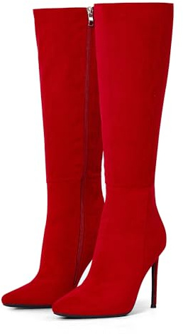 Zhabtuc Bottes hautes pour femmes de 4 pouces, bottes à talons aiguilles à bout pointu et large mollet en cuir suédé confortable et sexy, daim rouge, 41 EU