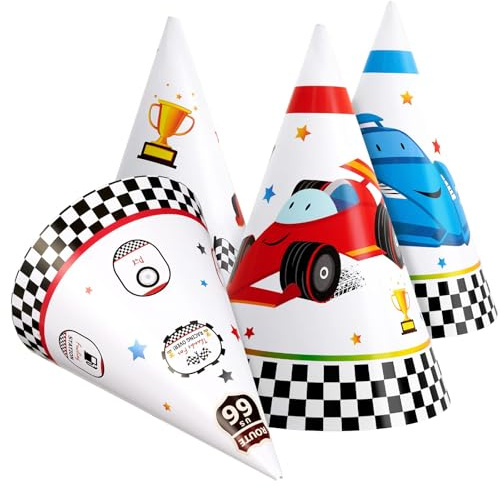 WERNNSAI Sombreros de fiesta de coche de carreras, 12 piezas de suministros de fiesta de carreras, sombreros de cono de papel para niños y niños, decoración de cumpleaños de carreras