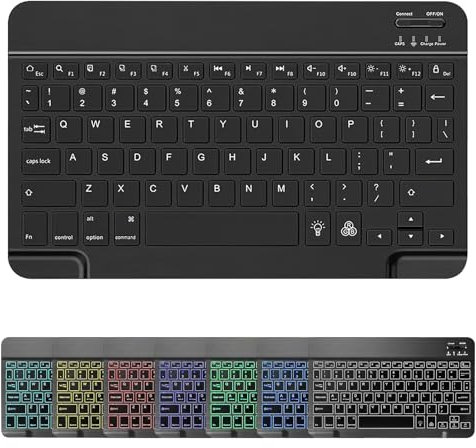 Fogcays Bluetooth Keyboard, Ultra-Slim Wireless Portable Quiet Keyboard with 7 Colours Backlight UK Layout Built-in Rechargeable Battery Compatible with iPad Mac iOS Android and Windows (Black)