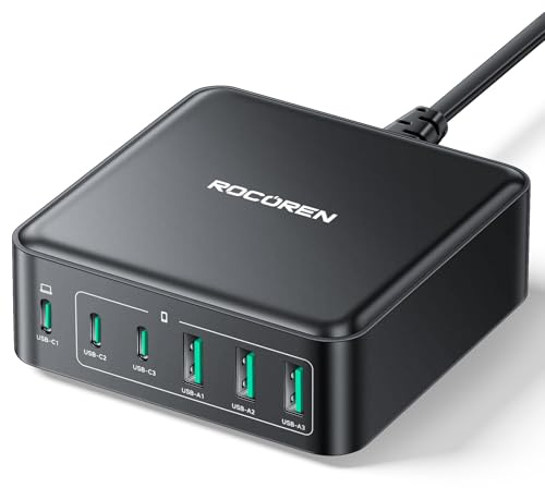 Rocoren 160W USB C-laddarblock, 6-portars PD65W QC4.0 PPS GaN-laddstationshubb med 1,5 m UK-förlängningssladd Kompatibel med MacBook Pro/Air