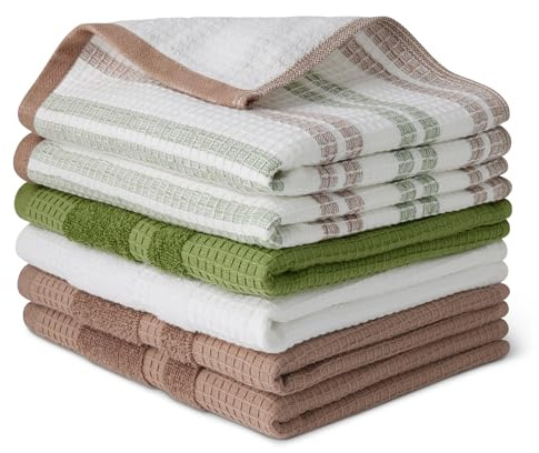 Amazon Basics Canovacci in 100% Cotone Biologico a Nido d'Ape - Ultra Assorbenti, Asciugatura Rapida, Strofinacci Anti-pelucchi, 38 x 64 cm, 6 Pezzi (assortiti Verde, Marrone, Bianco)
