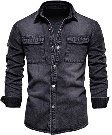 Camisa vaquera de manga larga para hombre con botones de presión, corte regular, camiseta de manga larga con bolsillo en el pecho, camisa de solapa, camisa de ocio para hombre, estilo vintage, camisa