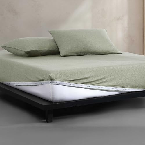 Calvin Klein - Lenzuola per letto singolo, set di biancheria da letto in jersey di cotone mélange con tasche profonde, super morbide e accoglienti, biancheria da letto essenziale (cotone verde