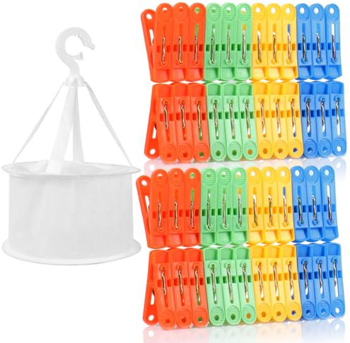 lohey 48 Stück Wäscheklammern mit Aufhänge Korb Box, Atmungsaktives Mesh klammerkorb, Wäscheklammern Kunststoff Bunt für Wäscheleinen, Kleidung, Socken und Camping