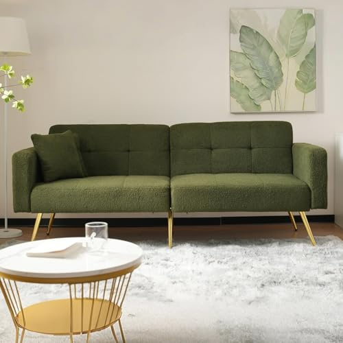 ModernLuxe Adjustable Sofa Sherpa Fabric Sofa Bed – 3 Reclining Angles, Gold Legs, High-Density Foam Cushion, Side Storage Pockets – Modern Convertible Sofa for Living Room & Guest Use Green