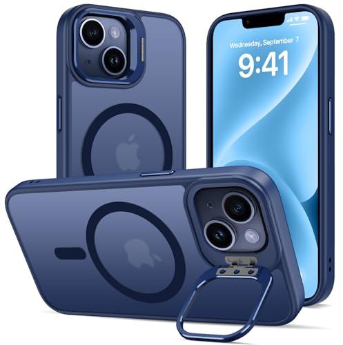 Cover Cavalletto per iPhone 13/14, Compatibile con MagSafe, Magnetica Custodia con Supporto per Fotocamera Regolabile Integrato Traslucida Opaca Antiurto Protettiva Resistente Case,Blu Profondo