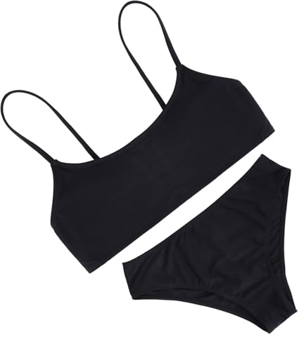 Traje de baño sólido para niñas, traje de baño de 2 piezas con tirantes ajustables cruzados, bikini para adolescentes y niñas con almohadilla para el pecho, Negro, 8-9 años