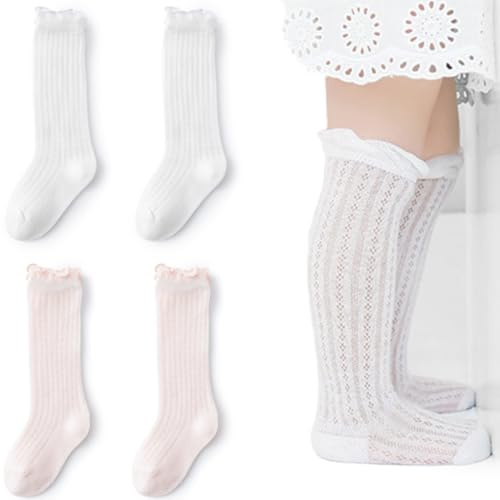 IBXWMNG 2 Paires Chaussettes Hautes Pour Bébé Fille,Chaussettes antidérapantes en coton avec nœud papillon,Convient aux enfants âgés de 1 à 3 ans(Blanc, rose)