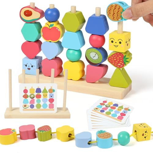 AOOTE Apilar y Enhebrar de Madera, Montessori Juegos Apilables,Educativos GeoméTricas Colores Clasificar Bloques,Juegos Educativos Niños 2 3 4 Años,Motricidad Fina