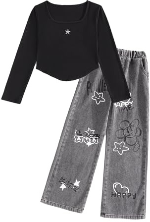 Momkonzz Vestiti per Ragazze Maniche Lunghe Tops+Pantaloni Abbigliamento Set Casual Autunno Inverno Abiti 7-12T, Nero , 11-12 Years