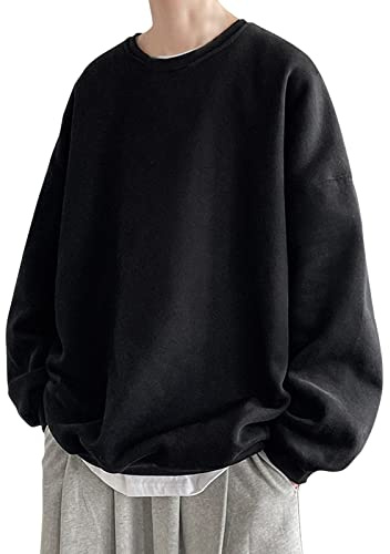 Mens Drop Shoulder Sweatshirt Crewneck Sweatshirts for Men Oversized Hoodie Men's Long Sleeve Sweatshirt without Hood Men's Loose Casual Solid Color Top Mens Fleece Hoodies Jumper Black
