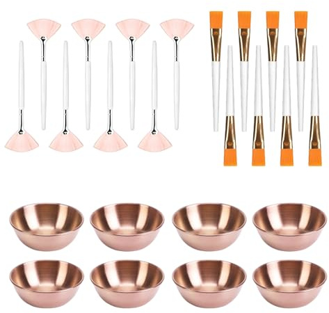 GREATRICH 24Pcs Pinceau Masque Visage, Brosse Visage Professionnelle, Accessoires Esthétique, 8 Bols à Masque, 8 Pinceaux Éventail, 8 Pinceaux Plats, pour Soins à Domicile ou Spa, Masque DIY
