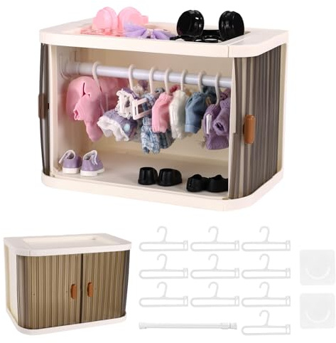 Boîte Rangement Penderie Pliable pour Poupées Inclut Cintres, Crochets et Barre Organisateur Empilable pour Tenues et Accessoires Poupées 15/17cm