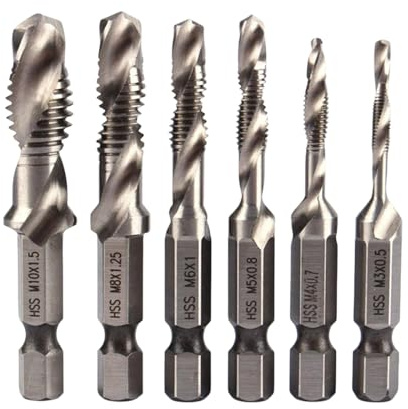 6 Pack HSS Drill Tap Bit Set M3-M10 Metric 1/4 Hex Shank for Hard Steel