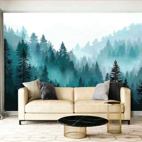 Carta da Parati Fotografica Decorazione Artistica - Natura Foresta Alberi Nebbia Fotomurale per Soggiorno Camera da Letto, Verde Acqua Poster con Carta da Parati di Grande Formato, 350 x 256 cm