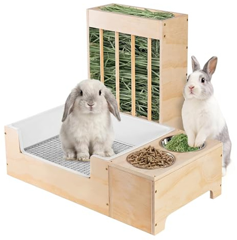 SENNOR Premium 3-in-1 Rabbit Litter Tray with Hay Feeder and Dual Stainless Steel Bowls, Large Solid Wood Bunny Feeding Station, Mess-Proof Rabbit Toilet for Guinea Pigs, Chinchillas & Small Pets