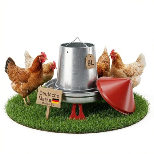 MollyCat Comedero automático para pollos, 9 L, metal galvanizado, dosificación ajustable con tapa, dispensador de alimentos para gallinas, accesorios con patas y suspensión, limpio y económico