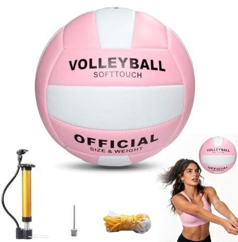 RNPKZ Volleyball Official Size 5, Soft Touch Volleyball, Beach Volley ball, Soft Volleyballs with Pump and Mesh Bag, Waterproof Volleyballs for Indoor Outdoor Beach Pool Gym (Pink & White)