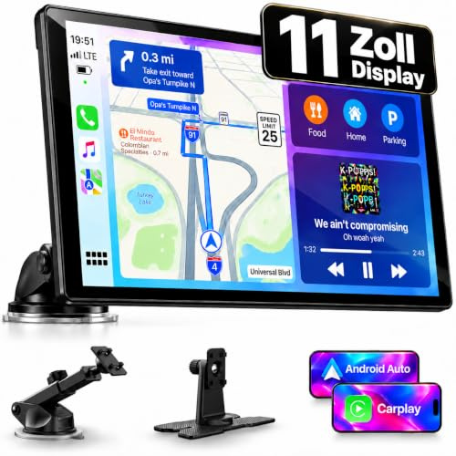LAMTTO 2026 Upgrade 11 Inch Carplay Screen for Apple Car Play and Android Auto Car Portable Wireless Car Stereo for Car Audio Receivers with GPS Navigation, BT, Airplay, AUX, Screen for All Vehicles