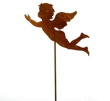 ängel, trädgårdsplugg 'svullen ängel'; metall, rost; 113 cm; bägare; blomkontakt
