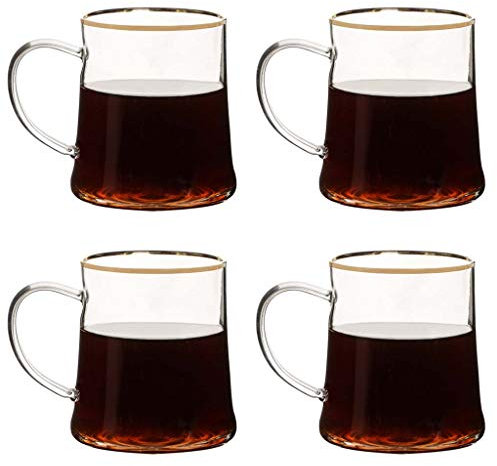 Dibor Set of 4 Glass 200ml Rounded Glass Tea Coffee Hot Chocolate Mulled Wine Mugs with Gold Rimmed Edges