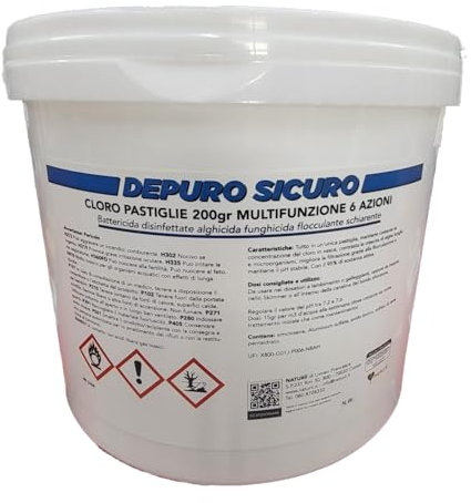 Naturii - Cloro Multifunzione 6 in 1 da 5kg, Pastiglie 200g, Battericida, Disinfettante, Alghicida, Fungicida, Flocculante, Stabilizzatore Ph, Bianco/Azzurro, Pastiglie