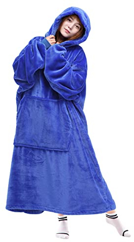 Waitu Wearable Blanket Sweatshirt Gifts for Women and Men, Super Warm and Cozy Giant Blanket Hoodie, Thick Flannel Blanket with Sleeves and Giant Pocket - Blue