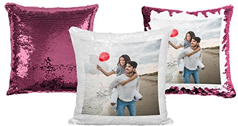 Print Maniacs Personalised Sequin Cushion Cover Magic Reveal Photo Printed Gift Custom Pillow (LIGHT PINK, WITH PILLOW)