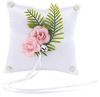 Hochzeit Ring Kissen, Strasssteinchen Heirat Paar Ring Halter Spitze Blumen Ehering Kissen mit Krawatte Satinband Eheringe Brautkissen Hochzeit Accessoires für die Zeremonie der Strandhochzeitsfeier