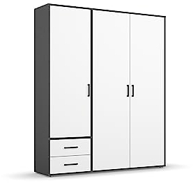 Rauch Möbel Voyager Schrank Kleiderschrank Drehtürenschrank, Alpinweiß/Grau metallic, Schwarz, 3-türig mit 2 Schubladen, inkl. 1 Kleiderstange, 3 Einlegeböden BxHxT 140x194x53 cm