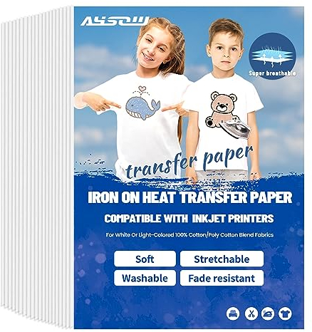 AYSOW Bügelfolie zum Bedrucken, Transferpapier zum Aufbügeln,Transferpapier Bügelfolie für Helle Textilien (Geeignet für helle Farben)