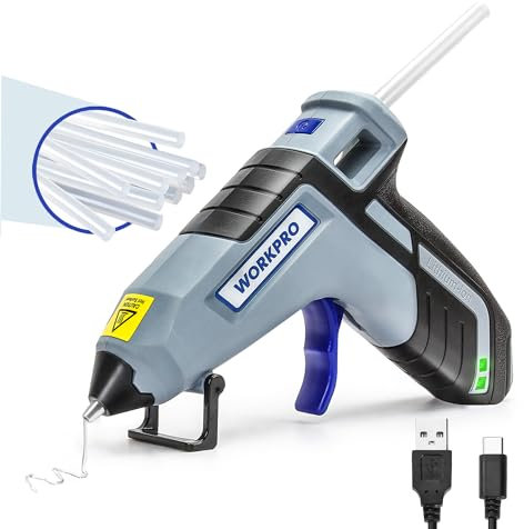 WORKPRO Pistola de Silicona Caliente Inalámbrica con 20 Barras (7x100 mm), 3,6V Pistola de Pegamento Termofusible con Boquilla de Menos Goteo, USB-C Recargable, Ideal para Bricolaje y Decoración