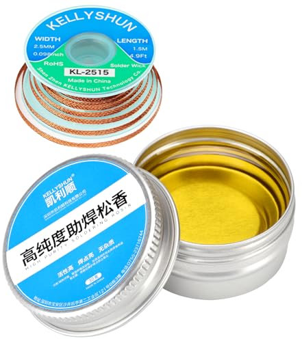 KELLYSHUN Flussmittel,(30g/1.06oz) Bleifrei Kolophonium Flussmittel(1 Stück)2.5MM/1.5M Entlötlitze(1 Stück) Zum Löten Von Leiterplatten/Kupfer/Drähten/Haushaltsgeräten Geeignet