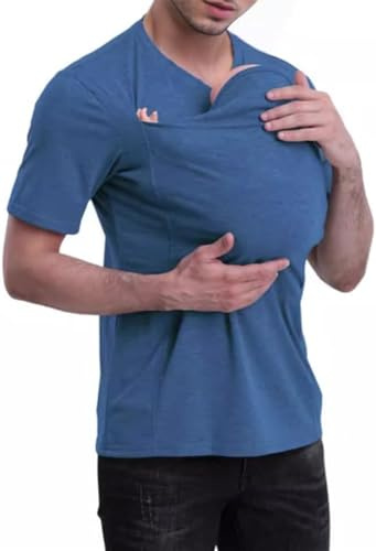 FENXIXIONE Papá Camisa Canguro Camiseta portabebés Diseñado para Ayudar a los nuevos papás Cuello en V Manga Corta Camiseta para hombre (L,Azul Oscuro)