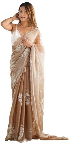 AKHILAM Dam skimmer organza sekvens broderi sari med osydd blusdel, Beige, One Size