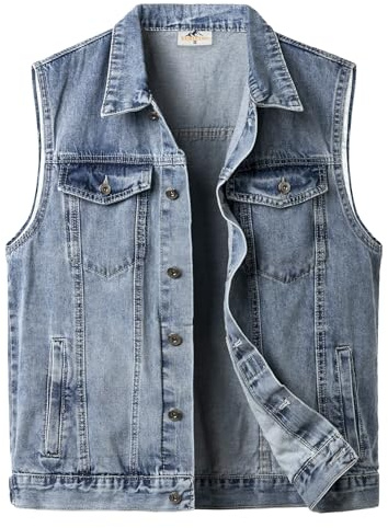 Yukirtiq Gilet en Jean pour Hommes Vintage Blouson sans manche en Jean Veste Denim Cowboy Gilet de Moto avec Poches