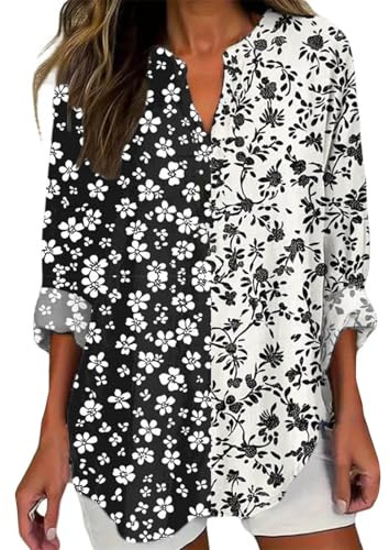 riou Camisetas Mujer Manga Larga Originales, Lino Blusa Cuello en V Camisa Moda Casual Elegante T-Shirt Tops Primavera otoño Oficina Negocios Fiesta Túnica tee