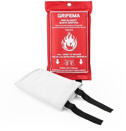 GRIFEMA GA3001 Couverture Anti-feu pour Cuisines 100x100cm en 1869:2019 Fire Blanket Convient pour Les Maisons, Les véhicules, Les Bureaux, Les barbecues extérieurs, Les cheminées et Les entrepôts