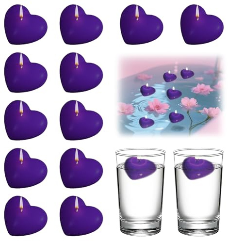 Lot de 12 bougies flottantes, en forme de cœur, flottantes, étanches, 50 x 45 x 28 mm, durée de combustion : environ 3 heures, pour mariage, piscine, Saint-Valentin, Noël (violet)