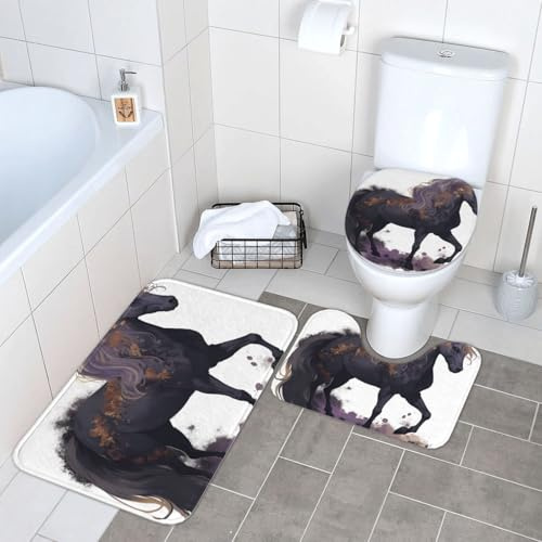 Bathroom Mat Sets 3 Piece Purple Horse U Shape Wc Toilet Rug Decorations Anti Slip Contour Mats, For Indoor, Floor Tub, Bedroom