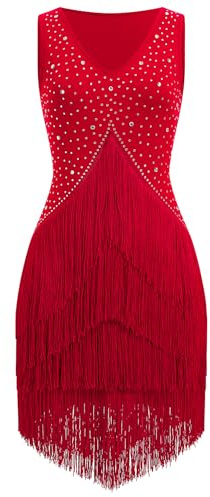 EFOGEP Robe de danse latine vintage années 1920 pour femme - Sans manches - Avec strass - Robe à franges - Gatsby - Cocktail - Salle de bal - Tangos - Chacha Rumba - Cami