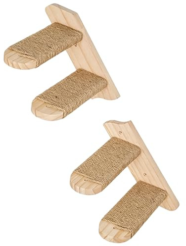FUSHITON Cat Wall Climbing Set 2-Step Stairs 2 Units 4 Steps Total, Solid New Zealand Pine Wood with Natural Jute Rope, 40° Incline Left or Right Mount, Space-Saving Cat Shelves for Indoor Cats